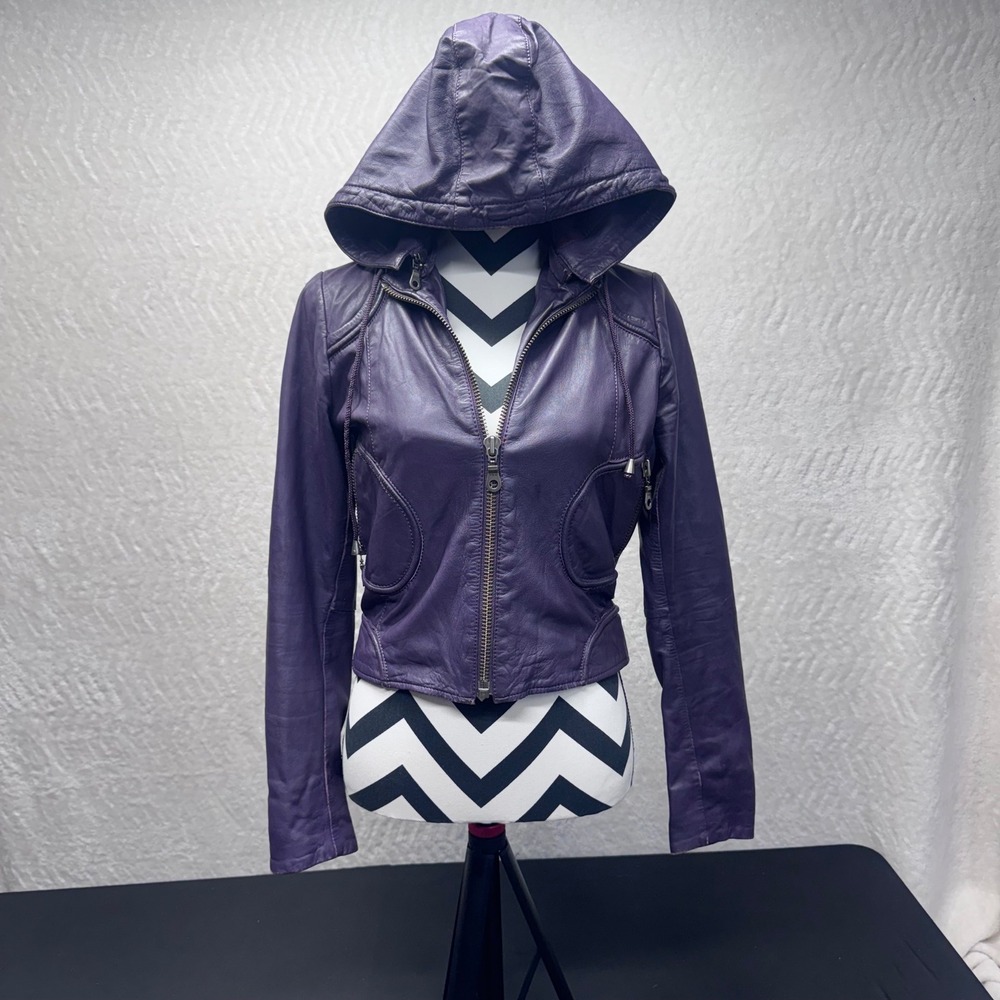 Free People Purple Leather Hooded Moto Jacket Slim Fit Cropped Plum M